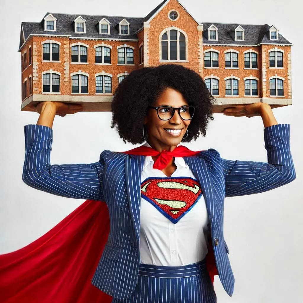 A powerful Black woman lifting a school building with her hands